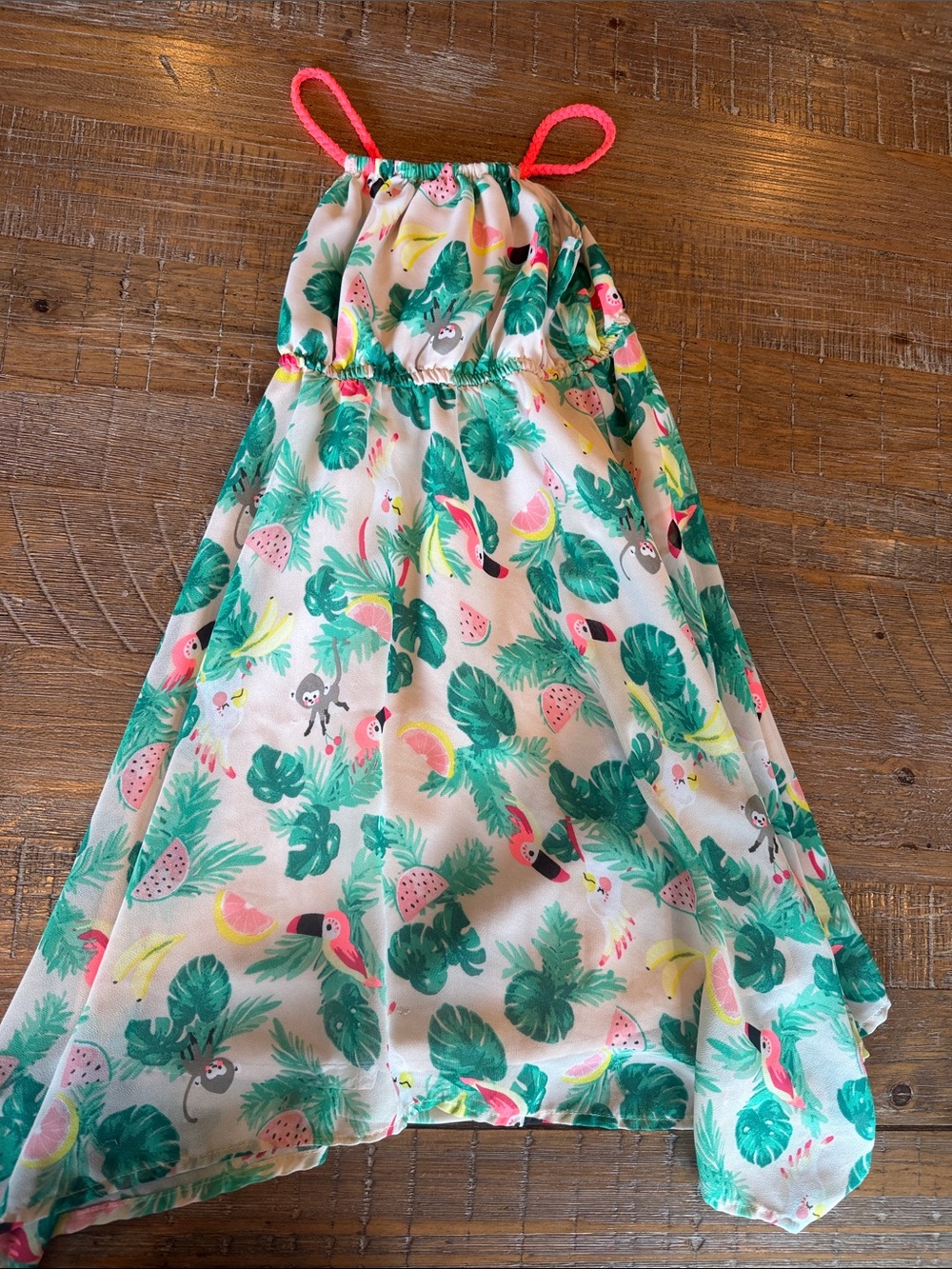 H&M Tropical Leaf and Parrot Print Dress with Pink Straps size 2T-3T